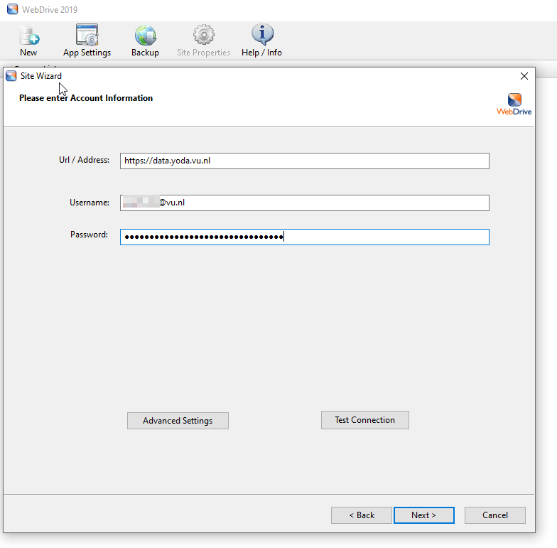 Screenshot WebDrive: account information