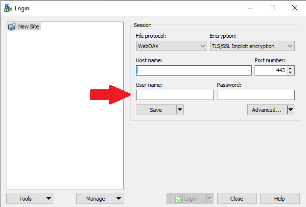Screenshot WinSCP: host name setting