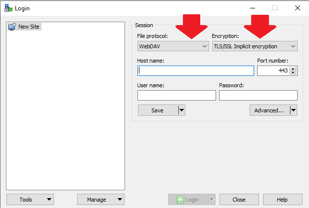 Screenshot WinSCP: file protocol and encryption settings